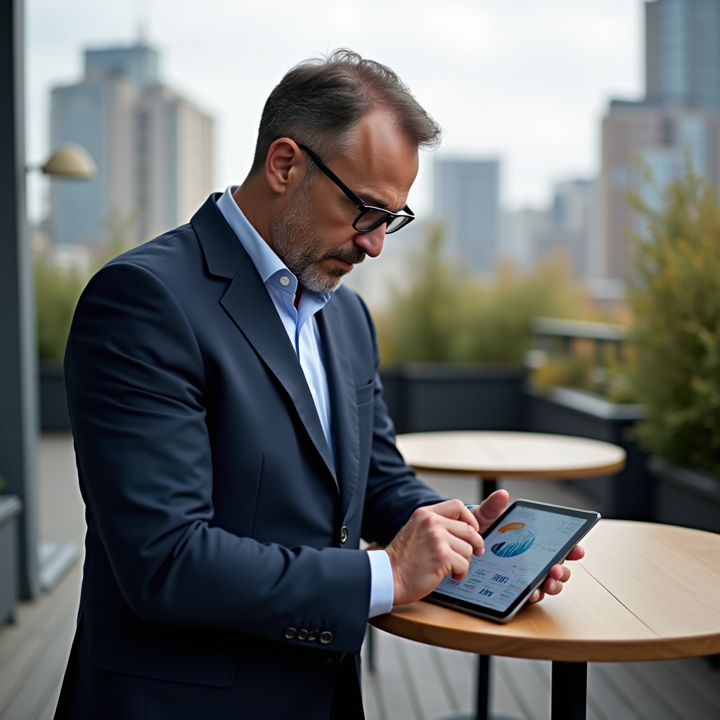 Research analyst examining data charts on a tablet outdoors