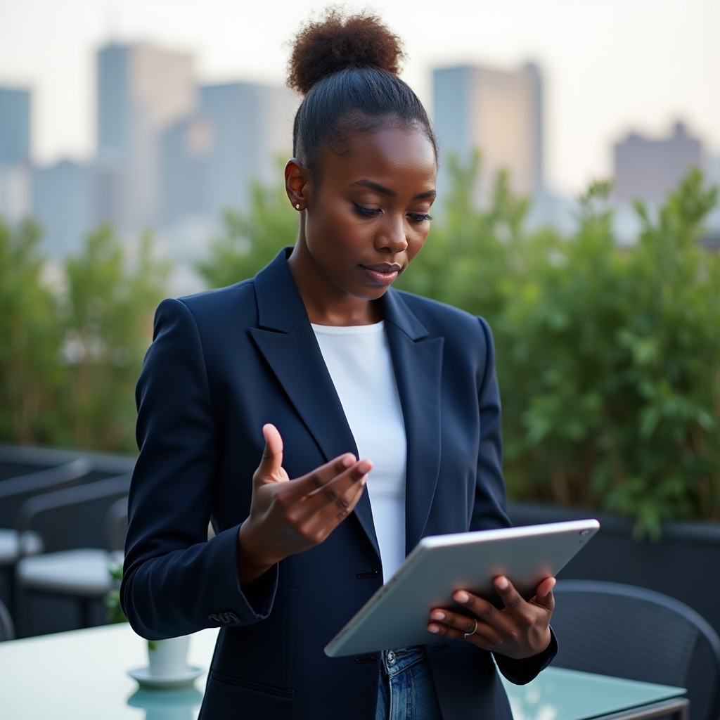 Analyst reviewing an AI-generated search summary on a laptop screen outdoors