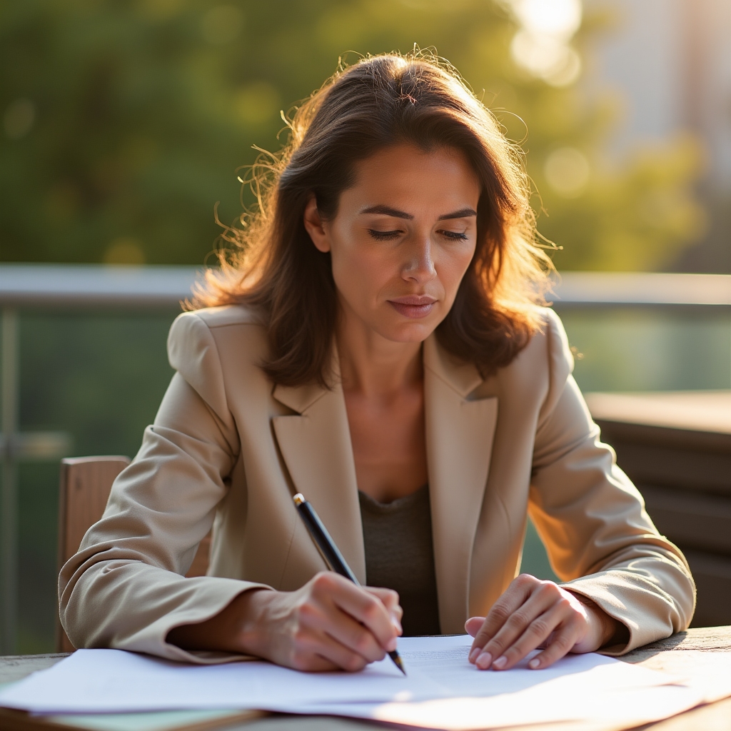 Writer editing a manuscript with focused concentration at a sunlit desk